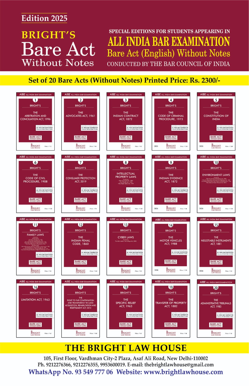 All India Bar Examination Bare Acts Combo Without Notes 2024-25 Edition- As Per Bar Council of India Guidelines Set of 20 Bare Acts - LATEST 2024-25 EDITION (English)